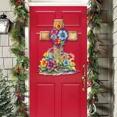 Designocracy Door Hanger Collection Plants & Flowers, Religious & Spiritual In Red