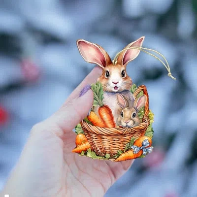Designocracy Easter Bunnies With Carrots Wooden Ornaments By G. Debrekht In Blue;yellow;orange