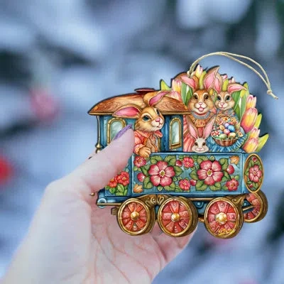 Designocracy Easter Bunny Train Wooden Ornaments By G. Debrekht In Blue;orange