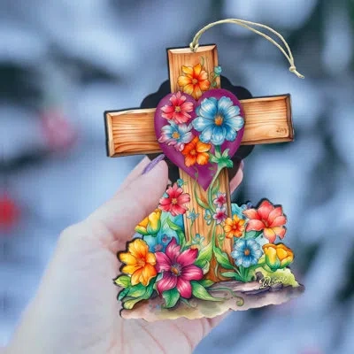 Designocracy Easter Floral Cross Wooden Ornaments By G. Debrekht In Blue;green;red;yellow;pink;orange;purple