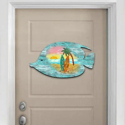 Designocracy Fish Coastal Beach Wooden Decorative Door Hanger Wall Decor In Blue;yellow;gold