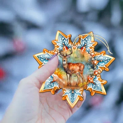 Designocracy Forest Elk Snowflake Wooden Ornaments By G. Debrekht In Blue;orange