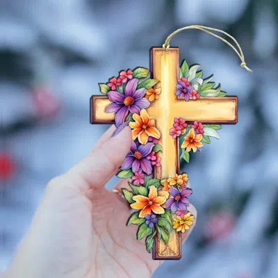 Designocracy Garden Serenity Cross Wooden Ornaments By G. Debrekht In Yellow;orange;purple