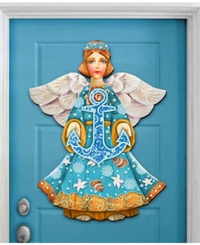 Designocracy Guardian Of The Sea Angel With Anchor Wooden Ornament Set Of 2 In Multi