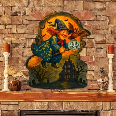 Designocracy Halloween Flying Witch Door Hanger – Handcrafted Wooden Door Décor By G. Debrekht In Black;orange