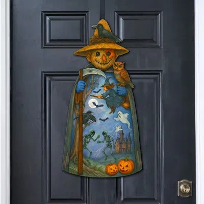 Designocracy Halloween Scarecrow Door Hanger – Handcrafted Wooden Door Décor By G. Debrekht In Black;orange