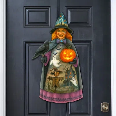 Designocracy Halloween Witch Door Hanger – Handcrafted Wooden Door Decor By G. Debrekht In Black;orange