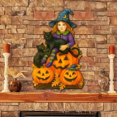 Designocracy Halloween Witch With Black Cats Door Hanger – Handcrafted Wooden Door Décor By G. Debrekht In Black;orange