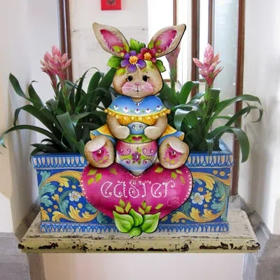Designocracy Handcrafted Easter Bunny Wooden Door Hanger – Rustic Spring Front Door Sign – Easter Wall Decor By J In Pink