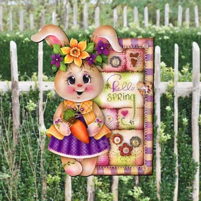 Designocracy Handcrafted Spring Bunny Front Door Hanger – Rustic Easter Home Decor – Seasonal Wall Art By J. Mill In Pink