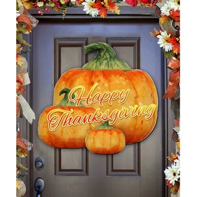 Designocracy Happy Thanksgiving Pumpkins Wooden Door Hanger In Multicolor