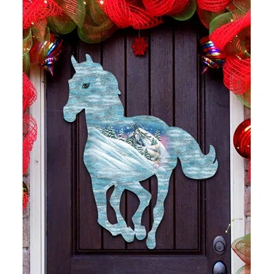 Designocracy Horse Scenic Winter Woods Wooden Decorative Door Hanger In Multicolor