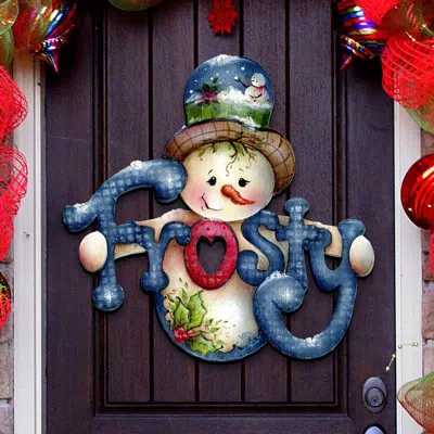 Designocracy Jamie Mills-price Christmas Frosty Wooden Decorative Door Hanger In Multi