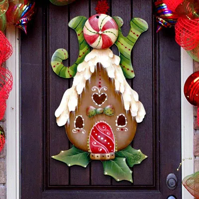 Designocracy Jamie Mills-price Christmas Joy Gingerbread House Door Hanger In Blue