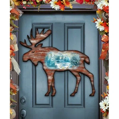 Designocracy Moose Scenic Woodsy River Landscape Wooden Door Hanger In Multicolor
