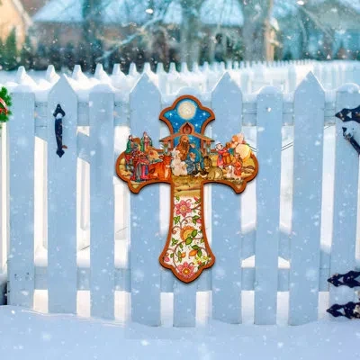Designocracy Nativity Wooden Cross  Door Hanger In Blue