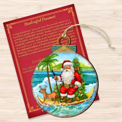 Designocracy Nautical Christmas Decor - Santa On The Surfboard Wooden Ornaments By G. Debrekht In Blue;green;red