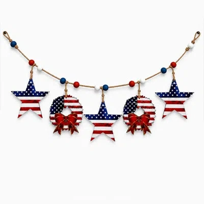 Designocracy Patriotic Wooden Garland – Stars & Wreaths Americana Wall Decor In Multi