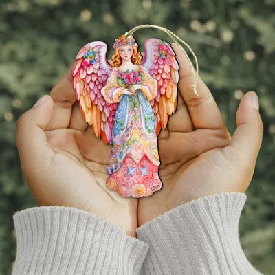 Designocracy Pink Floral Angel Wooden Ornament In Multicolor