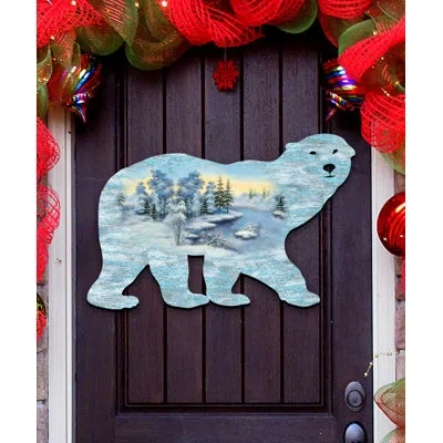 Designocracy Polar Bear Winter Artic Land Wooden Decorative Door Hanger Wall Decor In Blue