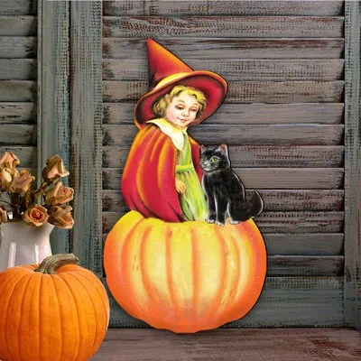Designocracy Pumpkin Fairy Wooden Door Hanger In Multicolor