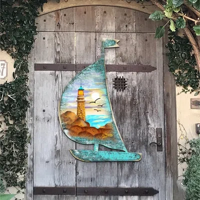 Designocracy Sailboat Scenic Lighthouse Wooden Decorative Door Hanger In Multicolor