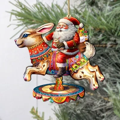 Designocracy Santa Claus On Bunny Carousel Wooden Ornament By G. Debrekht In Multicolor