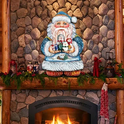 Designocracy Santa Holding Nested Dolls Wooden Door Hanger In Gold;blue;brown;red