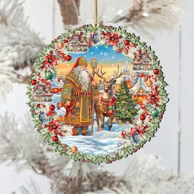 Designocracy Santa's Magical Cottage Wreath Wooden Ornament By G. Debrekht In Multicolor