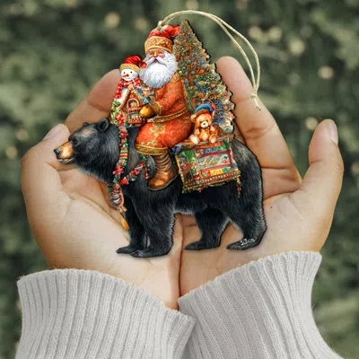 Designocracy Santa On Black Bear Wooden Ornament In Multicolor