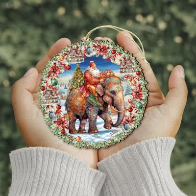 Designocracy Santa On Elephant Wreath Wooden Ornament By G. Debrekht In Multicolor