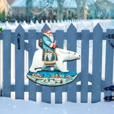 Designocracy Santa On Polar Bear Scenic North Pole Wooden Decorative Door Hanger In Multicolor