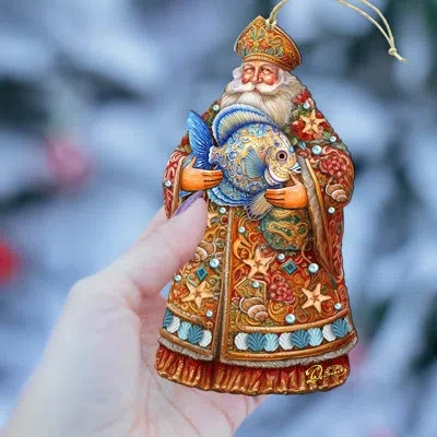 Designocracy Santa With Fish Wooden Ornaments By G. Debrekht In Multicolor