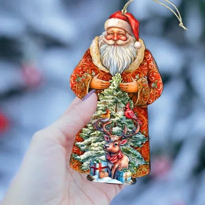 Designocracy Santa With Forest Friends Wooden Ornaments By G. Debrekht In Multicolor