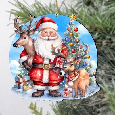 Designocracy Santa With Reindeer Wooden Ornament By G. Debrekht In Multicolor
