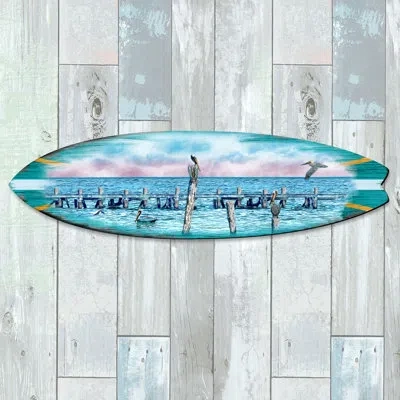 Designocracy Sea Birds Pelicans Surfboard Diminutive Door Mural In Multicolor