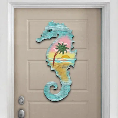 Designocracy Seahorse Scenic Beach Sunset Wooden Decorative Door Hanger In Multicolor