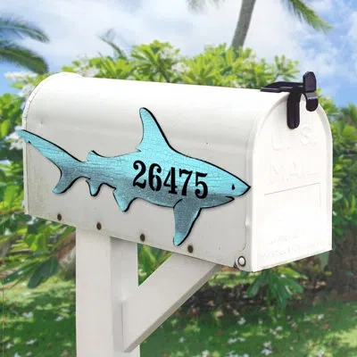 Designocracy Shark House Door Wall Mailbox Address Number 1-line Plaque, Coastal Decor Sign