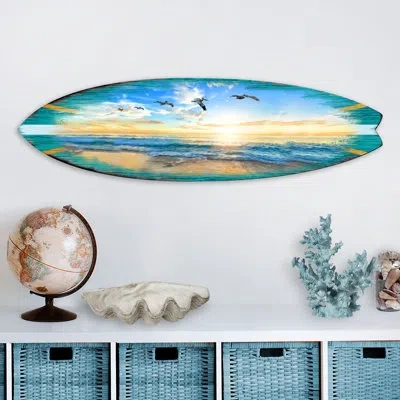 Designocracy Sunset Surfboard Diminutive Door Mural In Multicolor