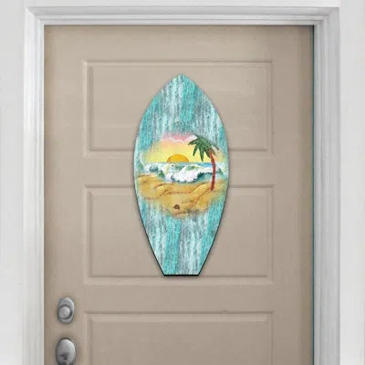Designocracy Surfboard Beach Waves Coastal Wooden Decorative Door Hanger Wall Decor In Blue;yellow;gold