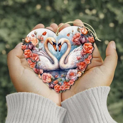 Designocracy Swans In Love Wooden Ornament By G. Debrekht In Multicolor