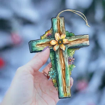 Designocracy Teal Easter Cross Wooden Ornaments By G. Debrekht In Blue