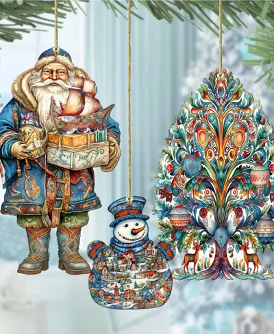 Designocracy Traveling Santa Wooden Ornaments Set Of 3 By G.debrekht In Multi Color