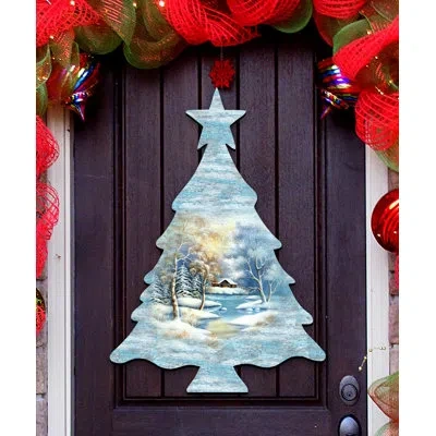 Designocracy Tree Scenic Winter Wooden Decorative Door Hanger Decorative Accent In Gold;blue;brown;red