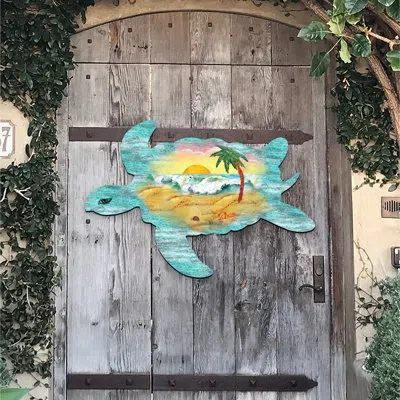 Designocracy Turtle Scenic Beach Waves Wooden Decorative Door Hanger In Multicolor