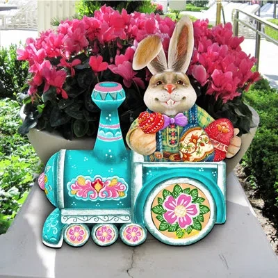 Designocracy Village Train Ride Bunny Wooden Door Hanger In Multicolor