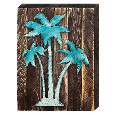 Designocracy Vintage Tropical Island Palm Tree On Reclaimed Wooden Board Wall Décor In Blue