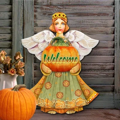 Designocracy Welcome Fall Thanksgiving Angel Wood Door Hanger In Multicolor