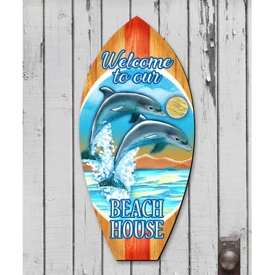 Designocracy Welcome To Our Beach House' Dolphins Surfboard Wooden Decorative Holiday Hanging Figurine Wood Door  In Multicolor