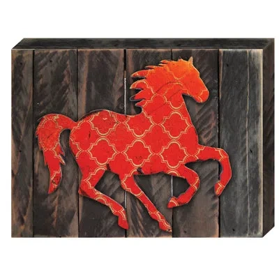 Designocracy Western Vintage Stallion Wooden Board Wall Décor In Orange